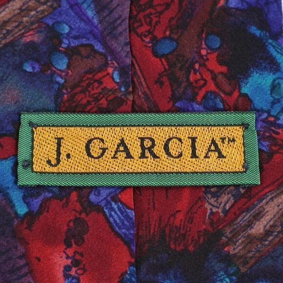 J. Garcia Red Teal Brown Astract Print Short Wide Silk Tie‎ - Picture 3 of 6